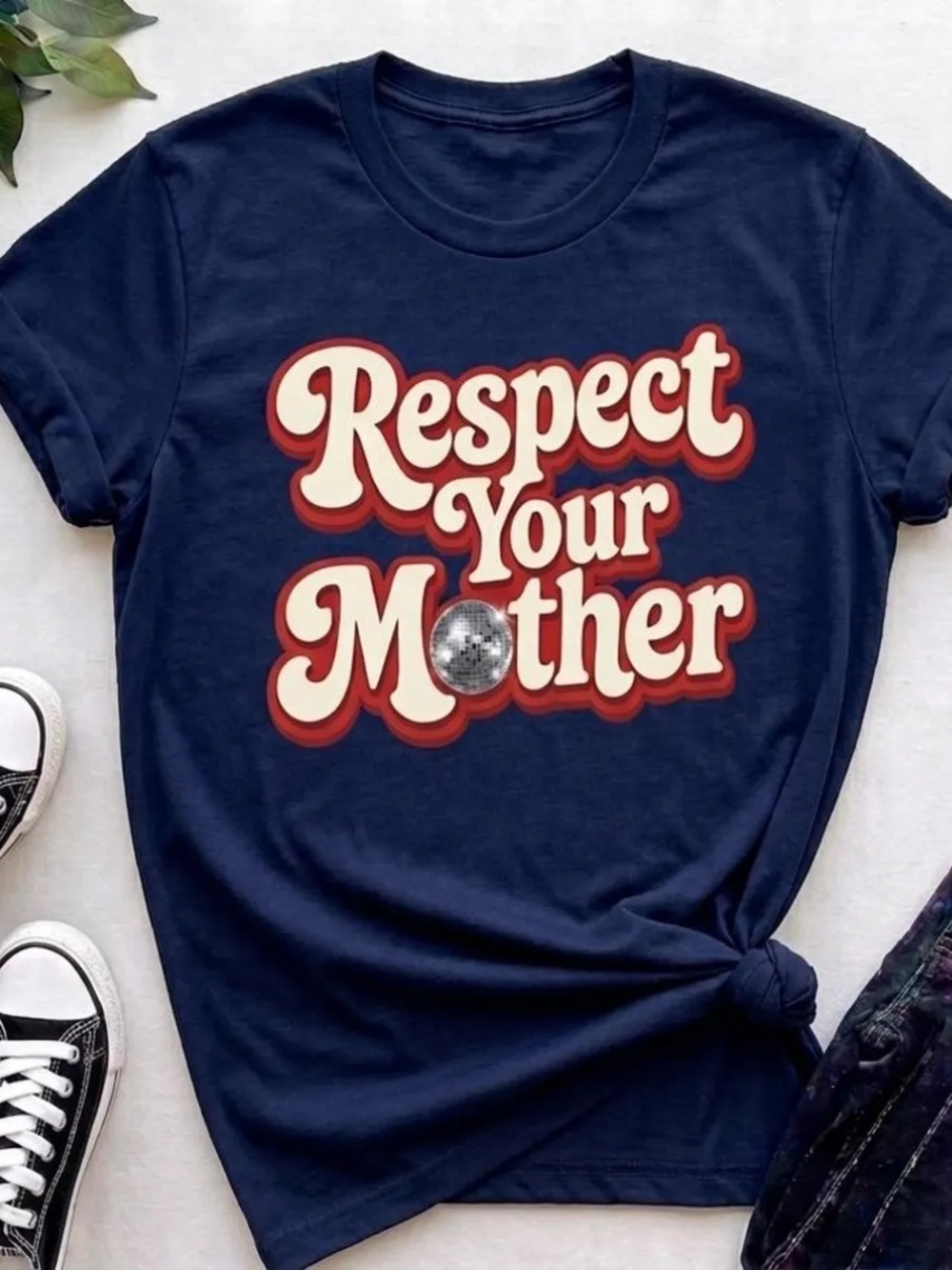 Navy 'Respect Your Mother' Graphic Tee with Cream & Red Lettering